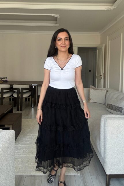 Dantel Midi Etek - Siyah