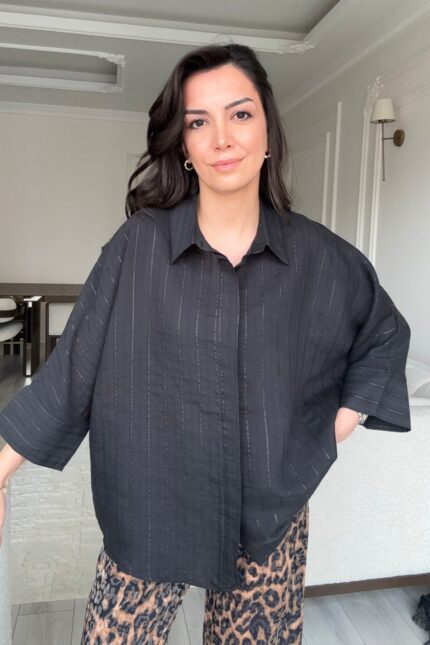 Şeritli Siyah Oversize Gömlek