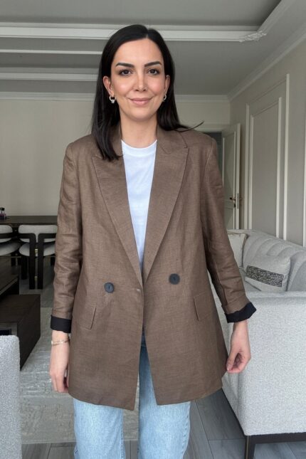 Kahverengi Keten Blazer Ceket