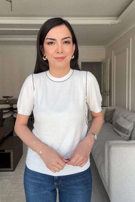 Biyeli Kısa Kol Triko - Beyaz
